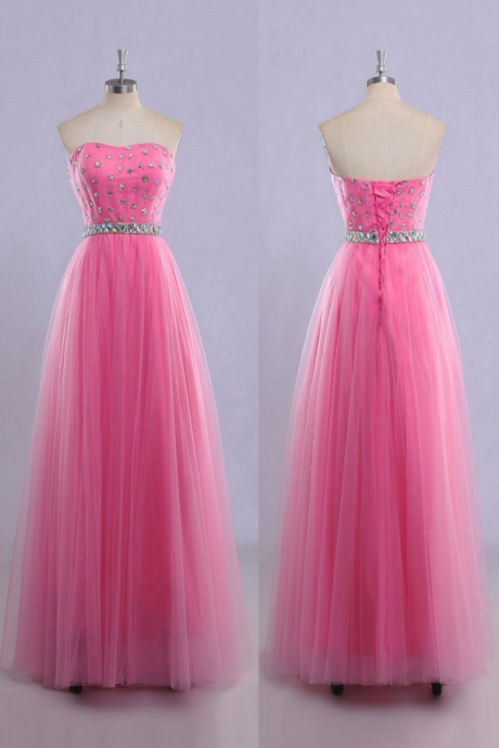 Beaded Embellished Pink Sweetheart Floor Length Tulle A-line Prom Dress Featuring Lace-up Back