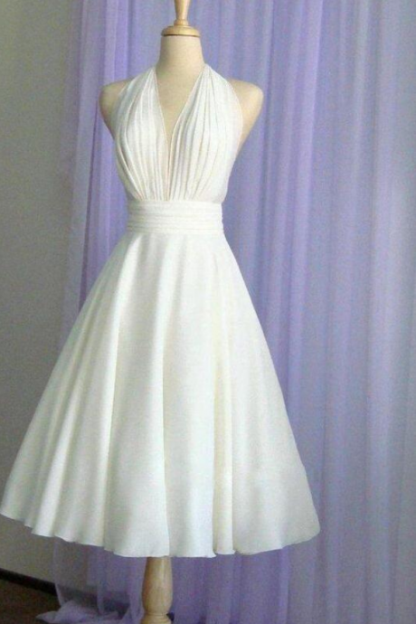 Halter Backless Tea Length Chiffon Short Wedding Dress