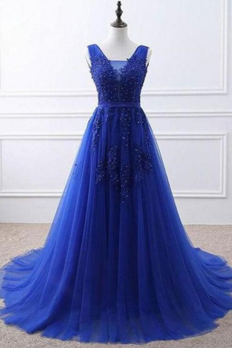 Mermaid Royal Blue Lace Prom Dresses, Formal Dresses