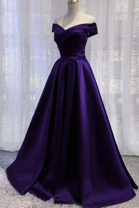 Off Shoulder Dark Purple Satin Long Prom Dress