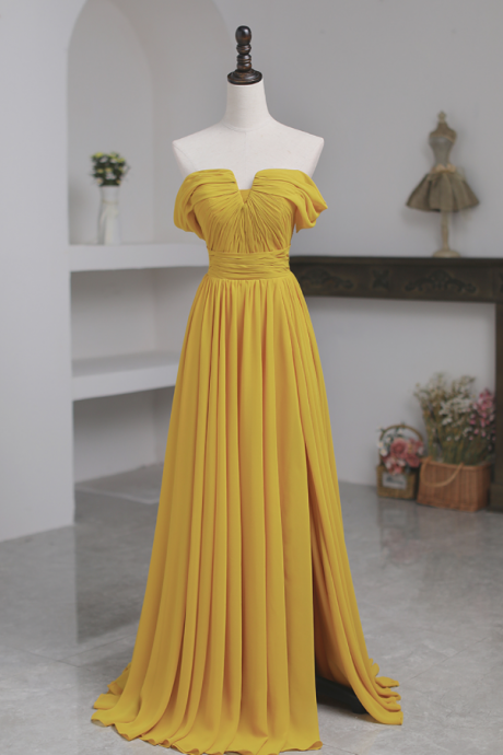 Beautiful Yellow Chiffon A-line Long Bridesmaid Dress, Off Shoulder Long Formal Dress
