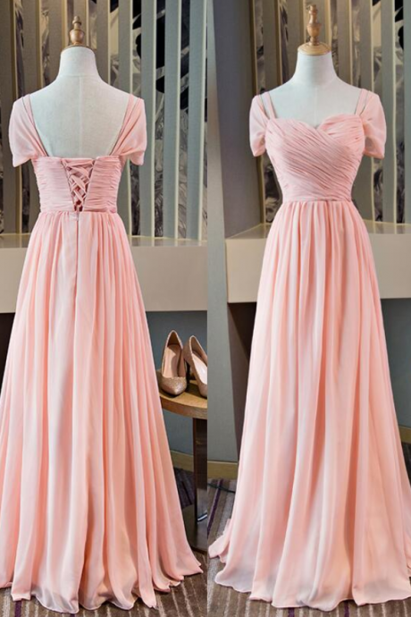 Pink Cap Sleeves Chiffon A-line Party Dress, Pink Bridesmaid Dress