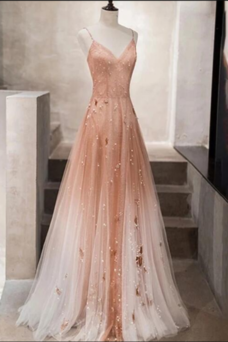 Beautiful Pink Tulle Straps Pearls Long Wedding Party Dress, Elegant Pink Party Dress