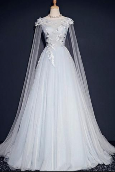 Light Blue Tulle Long Party Gown With Lace Applique, Unique Long Prom Dress