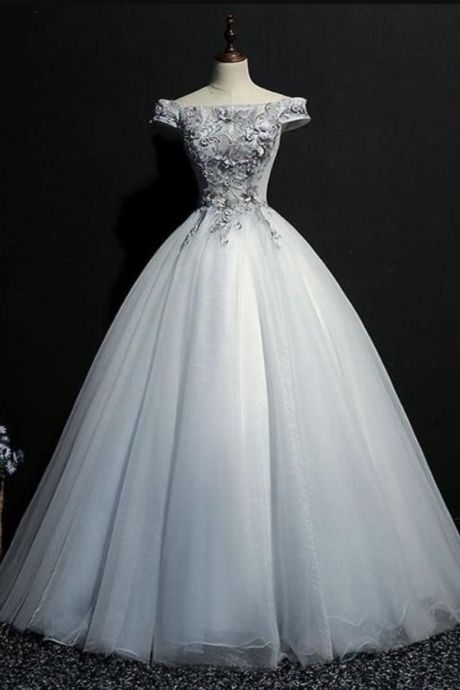 Beautiful Tulle Off Shoulder Grey Formal Prom Dress