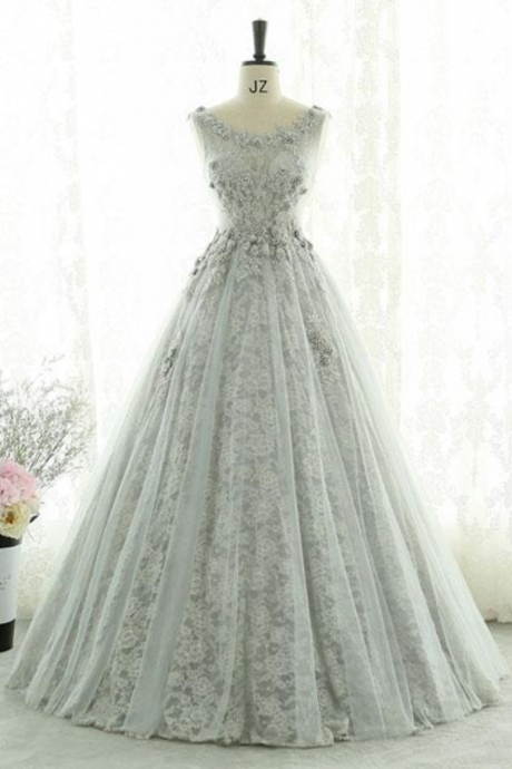 Gray Lace Tulle Long Prom Dresses, Gray Evening Dresses