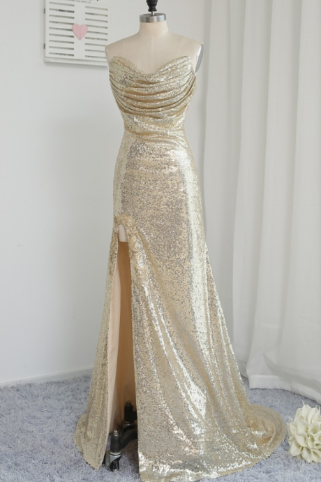 Fitted Gold Sequin Strapless Slit Prom Dress, Evening Gown Ruched Bodice