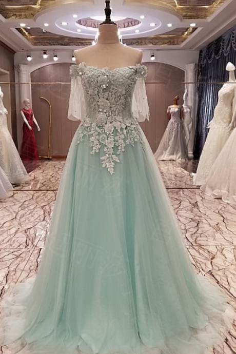 Mint A Line Tulle Prom Dresses Off The Shoulder Handmade Flowers Appliques Lace Evening Dress Party Gowns