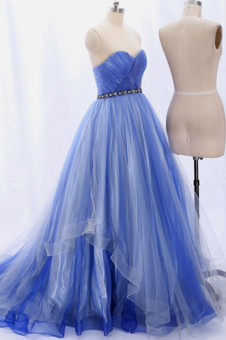 Blue Tulle Long Prom Dress, Blue Tulle Evening Dress