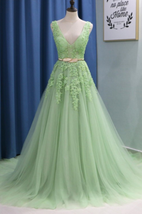 V-Neck Light Green A-Line Prom Dresses,Fancy Dresses,Prom Dress,Prom Dresses,Long Prom Dress