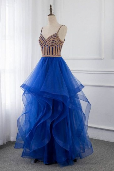 Elegant Spaghetti Straps V-neck Sleeveless Prom Dresses With Rhinestone Ruffles