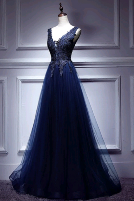 Navy Blue Prom Dresses, V-neckline Long Party Dresses, Formal Dress