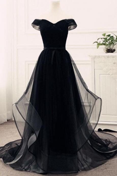 Black Off-the-shoulder Tulle A-line Long Prom Dress, Evening Dress Featuring Lace-up Back