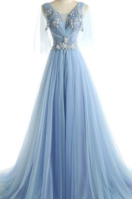 Light Blue Modest Prom Dress 2018 Formal Dresses, Blue Party Gowns, Formal Dress 