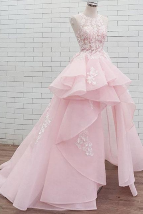 Pink Round Neck Lace Long Prom Dress Sweet Dress