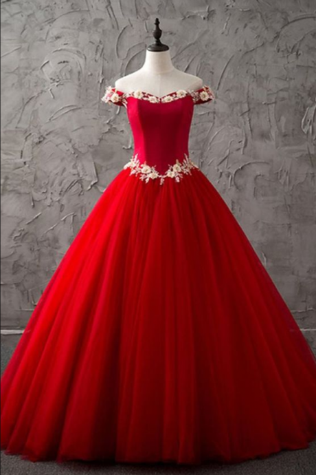 Red Tulle Off Shoulder Sweetheart Long High Neck Evening Dress With White Lace Flower, Formal Dress ,sexy Formal Evening Dress,custom Made