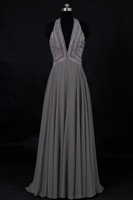 Grey Beaded Halter Prom Dresses , Deep V Neck Backless Chiffon A Line Evening Gowns - Formal Gowns, Party Dresses