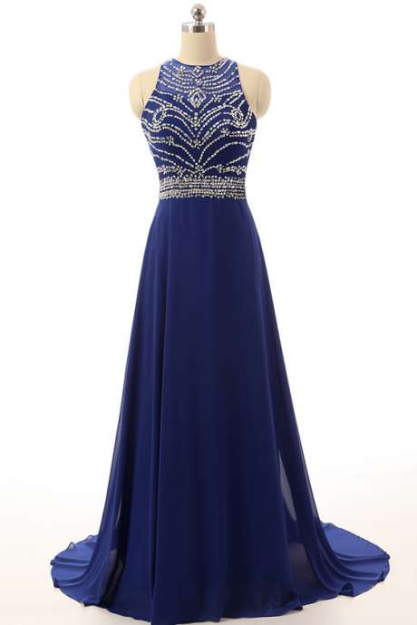 Sexy Long Royal Blue Formal Dresses Showcases Beaded Sheer Neckline Bodice ,sexy Chiffon A Line Evening Gowns,prom Dresses