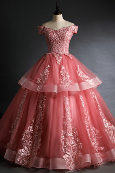 Pink lace long ball gown dress off shoulder evening dress