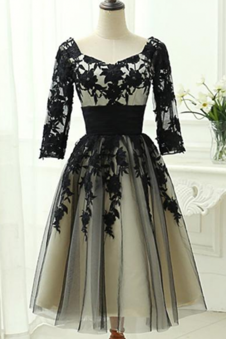 Homecoming Dresses Elegant Black Tea Length Bridesmaid Dress, Wedding Party Dress