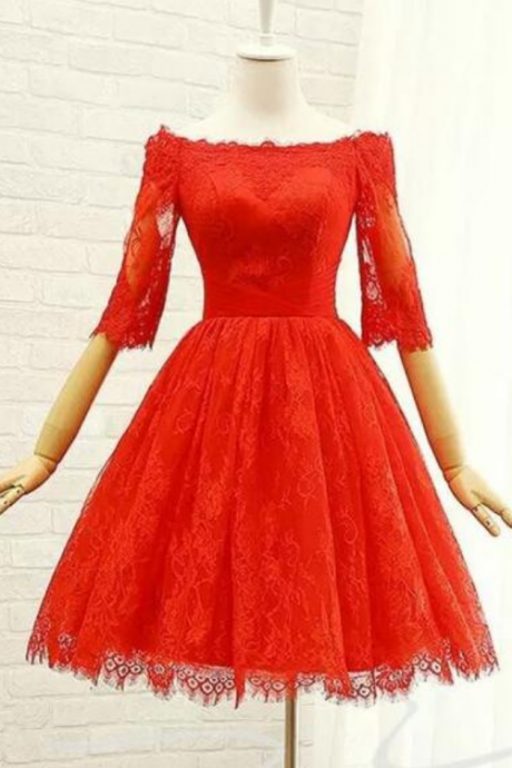 Homecoming Dresses Lace Short Sleeves Wedding Party Dress, Red Prom Dress