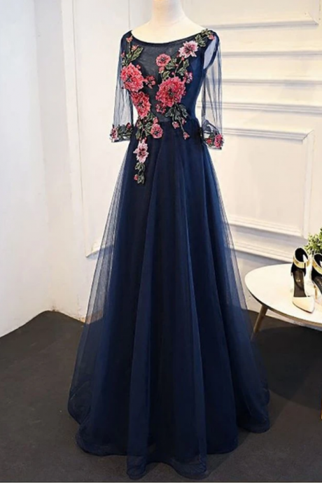 Prom Dresses Tulle A-line Flower Appliques Prom Dress With Sleeves,Long Formal Evening Dress