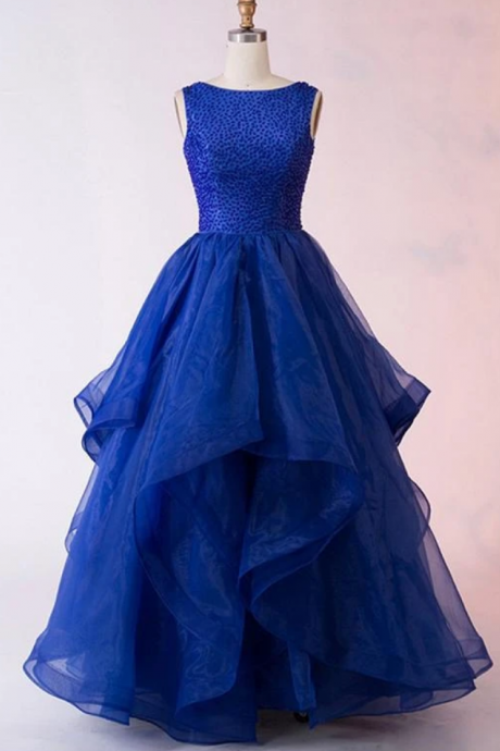 Prom Dresses A-line Bateau Long Royal Blue Organza Prom Dress With Beading