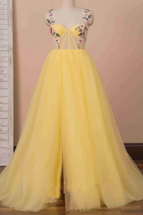 Prom Dresses A-line High Slit Yellow Tulle Prom Dress with Flower Appliques
