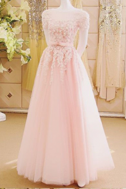 Appliques Prom Dress,Long Prom Dresses,Charming Prom Dresses,Pink Evening Dress,A Line Prom Gowns,Formal Women Dress,Short Sleeves Prom Dress,Prom Dress