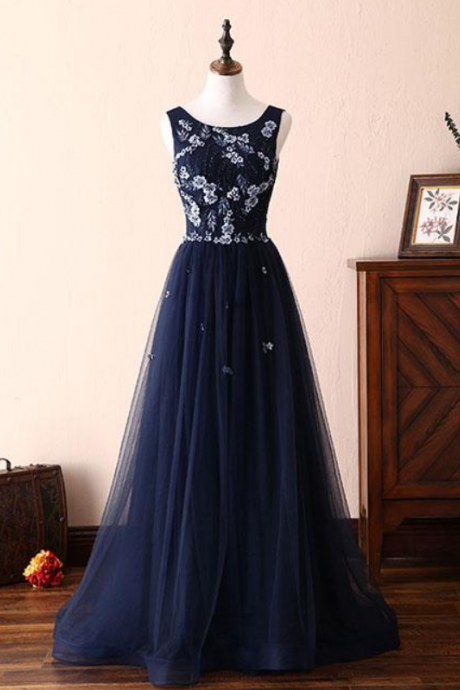 Dark Blue Lace Tulle Long Prom Dress, Formal Dress,