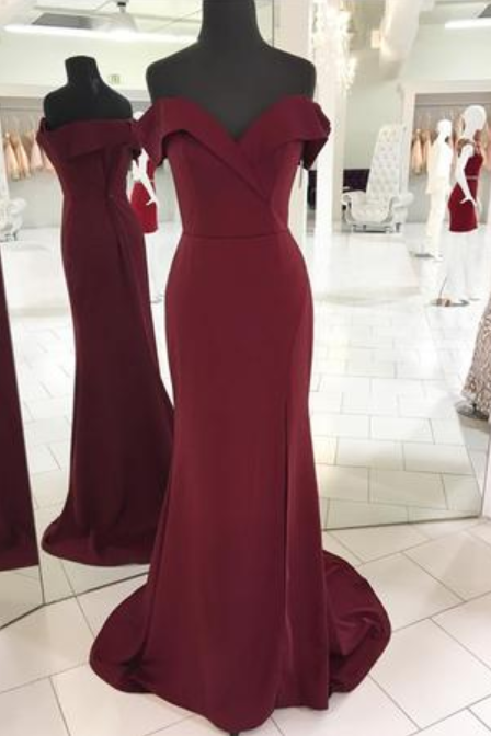 Burgundy Off-the-shoulder Mermaid Long Prom Dress, Evening Dress