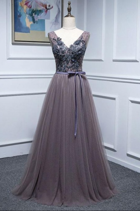 Elegant Gray Tulle V Neck Prom Dress, Long Prom Dress For Teens