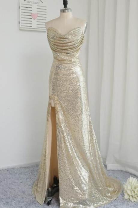 Charming Light Gold Sexy High Split Prom Dresses Sequins Party Dresses