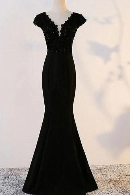 Black Mermaid Cap Sleeves Long Evening Gown, Black Prom Dress