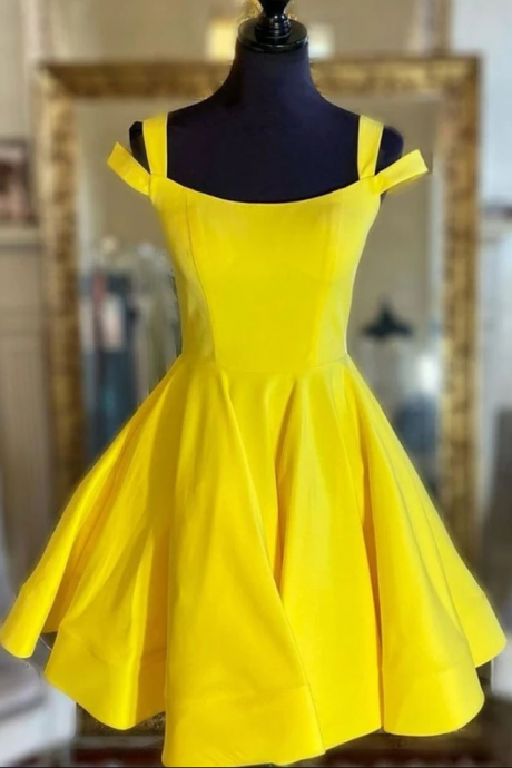 Homecoming Dresses Off The Shoulder Yellow Homecoming Dresses, Short Yellow Formal Evening Dresses