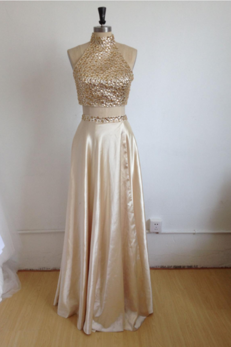 Prom Dresses, Two Pieces Prom Dresses, 2 Piece Prom Dresses, 2017 Prom Dresses, Gold Evening Dresses, Beaded Prom Gowns, Prom Dresses with Halter, Pageant Dress, Prom Dress with Gold Beadings
