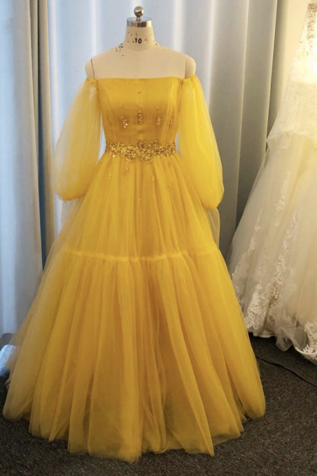 long sleeve prom dress, yellow prom dress, tulle prom dress, a line prom dresses, robe de bal, beaded prom dress, 2021 prom dresses, vestido de longo, cheap prom dresses, prom gown, prom dresses