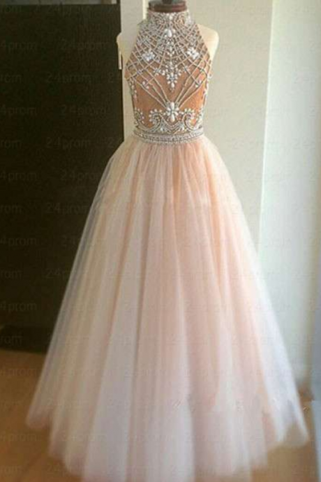 Sexy Two Piece High Neck Rhinestone Homecoming Dress,pink Tulle Prom Dress