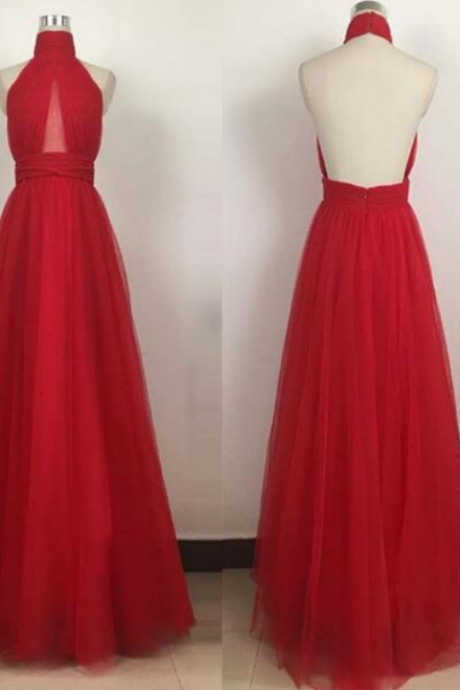 Red Backless Halter Long Prom Dress,high Neck Tulle Evening Gowns,formal Dress