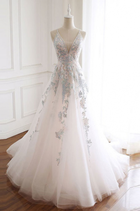 White V Neck Tulle Lace Long Prom Dress, Lace Evening Dress