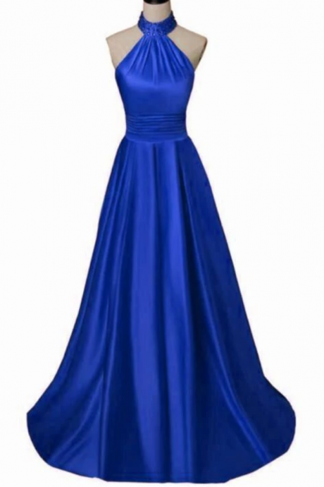 Prom Dresses Satin Halter Long Junior Prom Dress, Royal Blue Formal Gowns