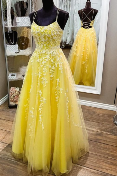 Prom Dresses A-line yellow lace appliques long prom dress formal dress
