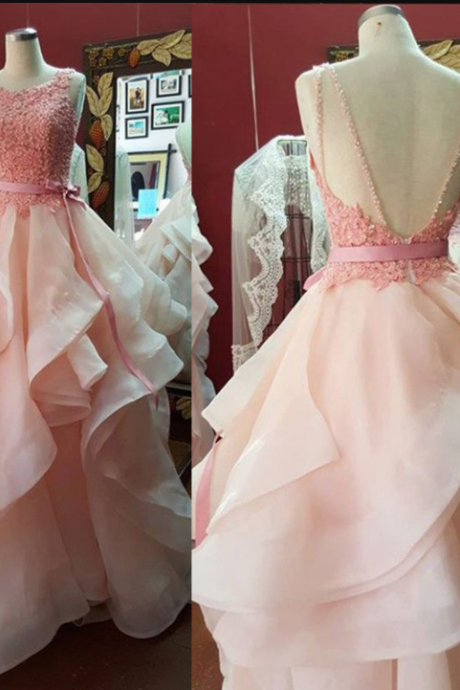 Charming Prom Dress O-neck Prom Dress Backless Prom Dress Tulle Prom Dress Appliques Evening Dress