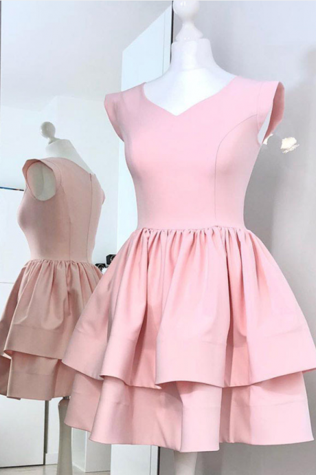 A-line V-neck Cap Sleeves Pink Homecoming Dress, Two Layers Satin Mini Prom Dresses, Sweet 16 Dress