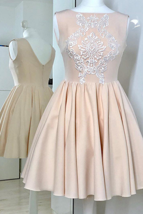 Champagne Sleeveless Ruched Homecoming Dress With Appliques, Simple Short Sweet 16 Dress, Satin Graduation Dresses