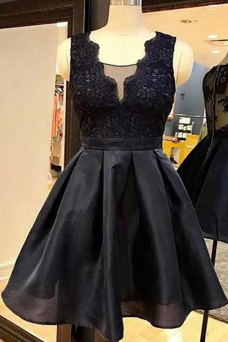 Black Organza Short Homecoming Dress, A Line Sleeveless Sweet 16 Dress With Lace, Short Graduation Dress With Lace