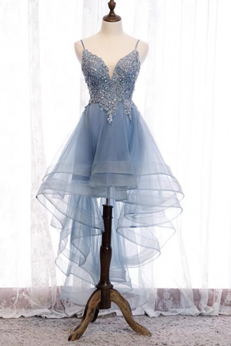 Spaghetti Strap Party Dress, Blue High Low Dress, Fairy Lace Homecoming Gowns,custom Made