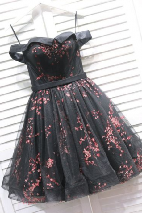 Black Floral Off Shoulder Homecoming Dress, Cute Party Dress