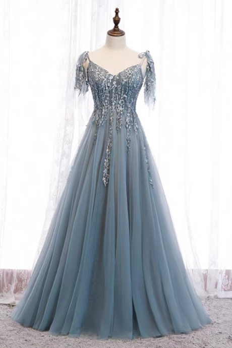 Blue Evening Dress, , V-neck, Long Fairy High Quality Prom Dress,custom Made