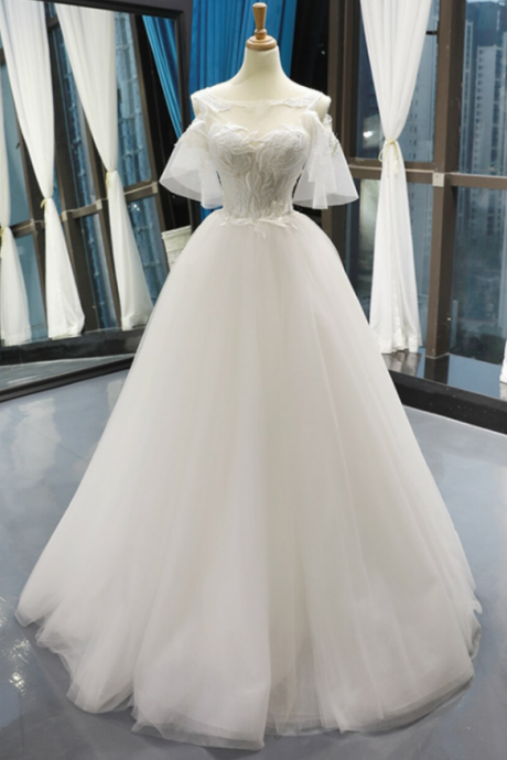 White Tulle Appliques Bridal Dresses,off-the-shoulder Backless Floor Length Wedding Dresses